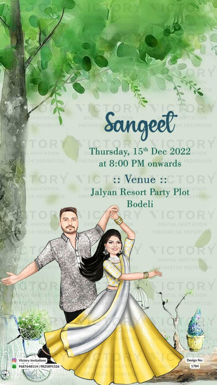 Water-colored Blue and Green Classic Whimsical Garden Theme Indian Wedding E-invitations with Festive Bride and Groom Caricature Illustrations,