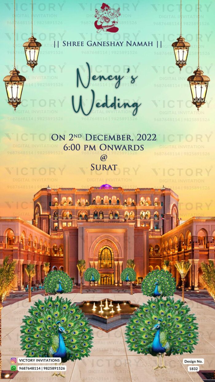 Water-colored Pastel Brown and Green Whimsical Theme Indian Wedding E-invites with No-face Couple Caricature and Luxurious Resorts Illustrations