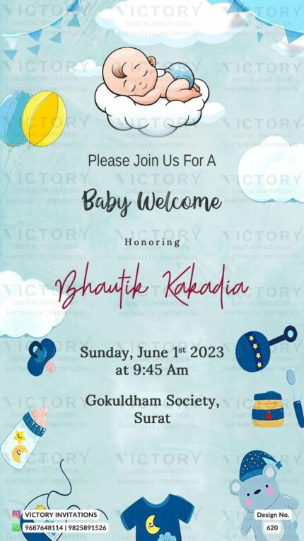 A Whimsical Baby Welcome Invite with a Serenade of Pale Blue Hues, a Sleeping Baby Doodle, and Playful Balloons and Toys illustrations, Design no.620