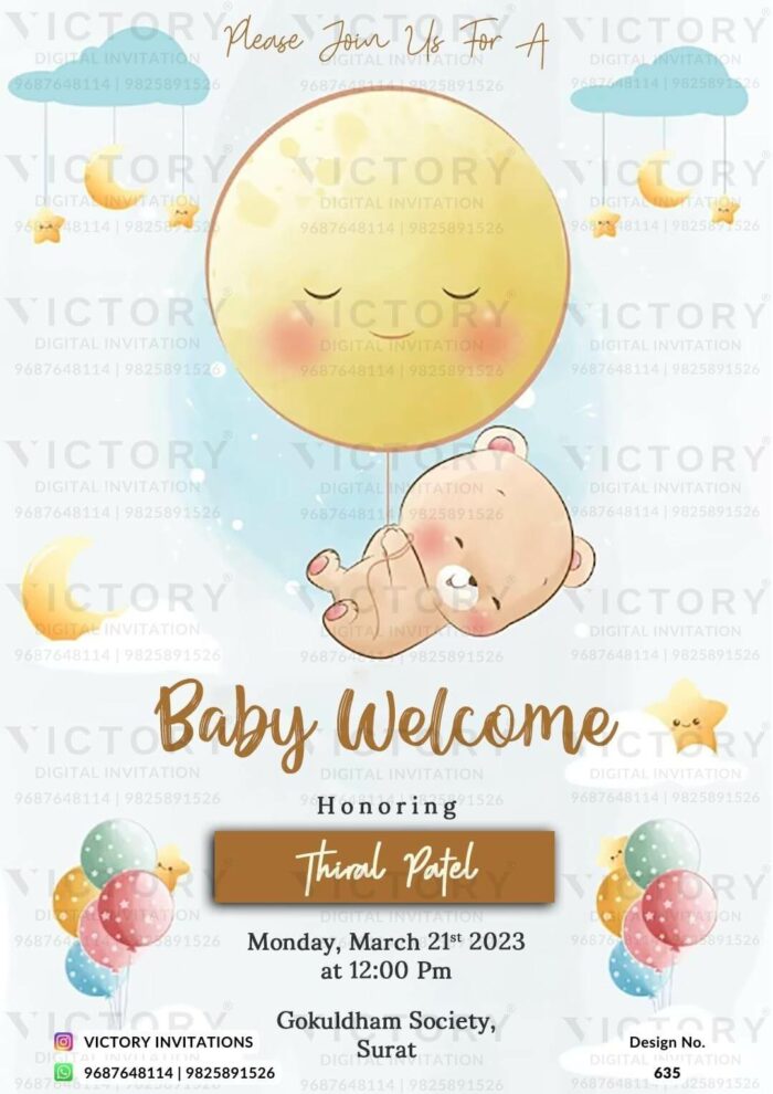 A Whimsical Baby Welcome Invite with a Serenade of Pale Blue Hues, and Playful Balloons and taddy Bear illustration, design no.635