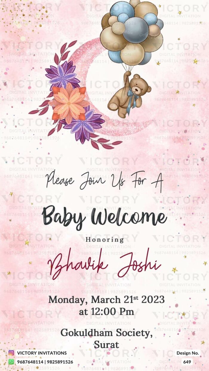 A Glorious Baby Welcome Card in Pink Lace and Carousel Pink, adorned with Golden Sparkles, Shimmering Stars, and a Rose Gold Half Moon Embracing a Teddy Bear and Vibrant Balloons" Design no. 649