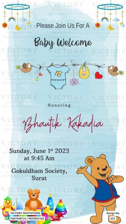A Whimsical Baby Welcome Invite with a Serenade of Pale Blue splashes, Playful teddy bear and Toys illustrations, design no.651