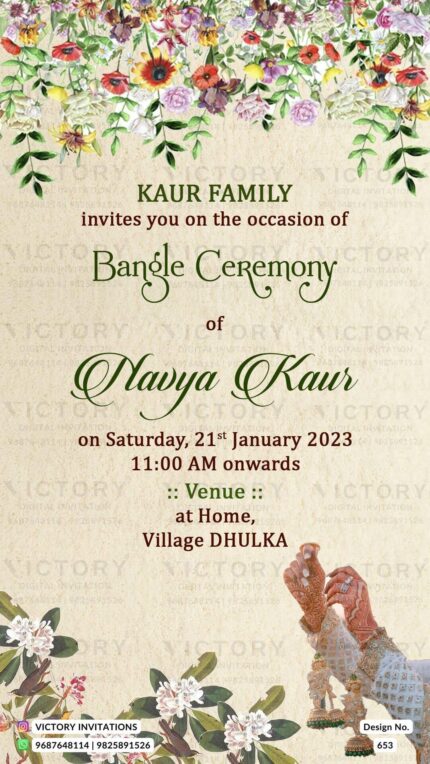 A digital Bangle Ceremony Invitation with an Almond Textured background, an Exquisite Bangle Hand Illustrations and Delicate Vintage Florals Amidst Lush Green Leaves, design no.653