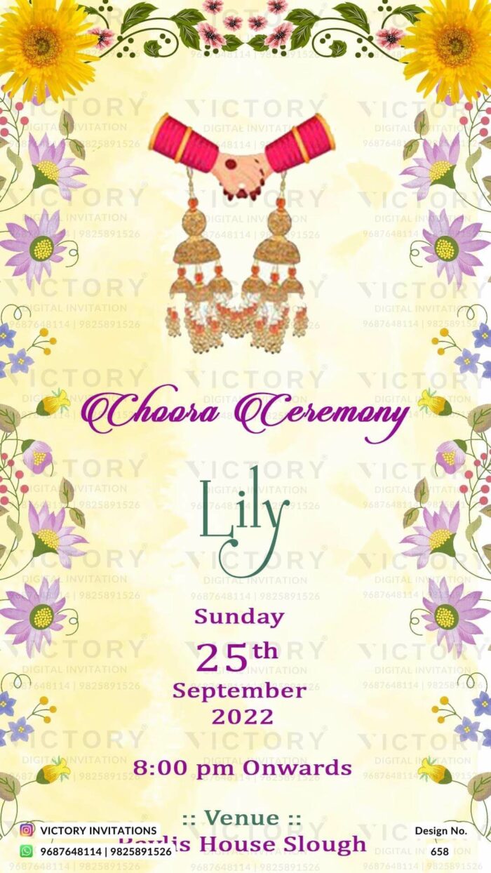 A Breathtaking Choora Ceremony Invitation, featuring a Mesmerizing Light Yellow Backdrop, a couple's Holding Hand Illustration, Sunflowers, and Purple Florals with Lush Green Tulips, Design no.658