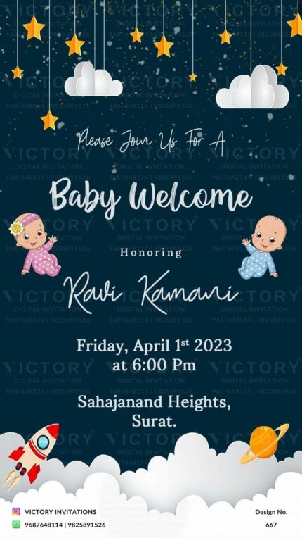 An Exquisite Baby Welcome Invitation with Midnight Blue Hues, Adorable Doodles of the baby and Enchanting Elements, Design no.667