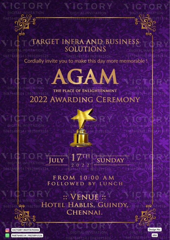 A glorious Award Ceremony Invitation, Adorned with a Dark and Light Purple Backdrop, Radiant Award Trophy Vector, and an Exquisite Glided Frame, Design no.686