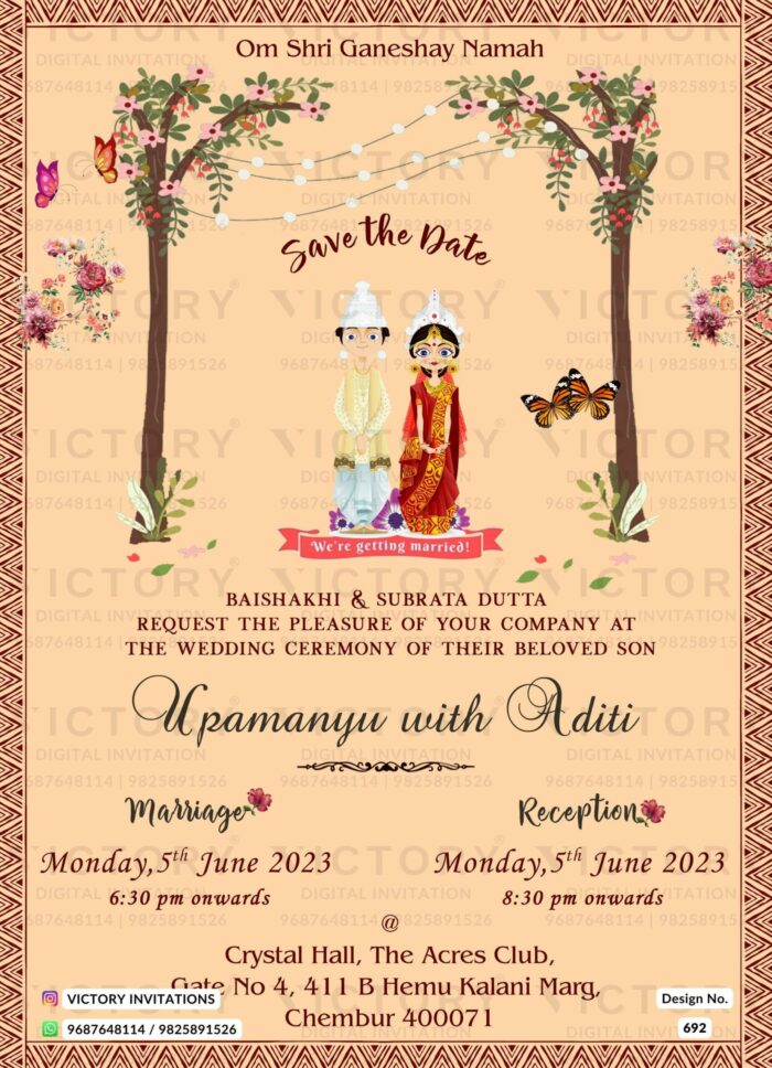 The vintage Theme of the Hindu Maharashtrian digital invitation card for a wedding ceremony in orange background color. This e-invite card is perfectly suitable for the Marathi family and it's available in English language. It includes elements such as a tree, string lights, a butterfly, red flowers, purple flowers, a pink ribbon, Bengali couple doodle.