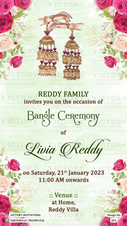 A Breathtaking Bangle Ceremony Invitation with a Mesmerizing Light green Backdrop, a couple's Holding Hand Illustration, roses Florals with Lush Green foliage, Design no.693