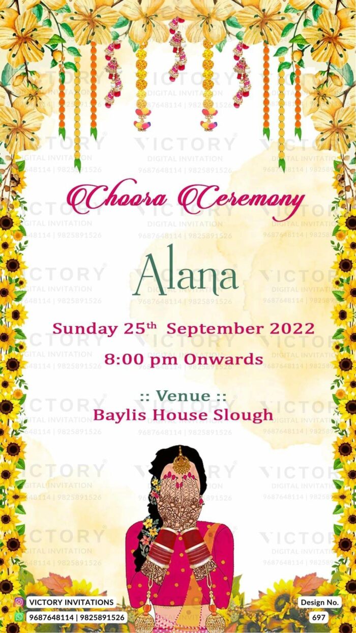 A Breathtaking Bangle Ceremony Invitation with a Mesmerizing yellow green Backdrop, a bride's doodle, sunflower and marigold garlands with Lush Green foliage, Design no.697