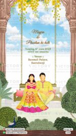 Pastel Blue and Green Traditional Whimsical and Poppy Theme Indian Wedding E-cards with Festive Couple Illustrations, Design no. 1648