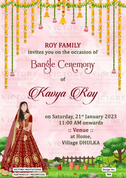 A glorious Bangle Ceremony Invitation with a Mesmerizing Baby Pink Backdrop, a Traditional Doodle of the Bride, Marigold Garlands, and the Opulent Splendor of a Lush Green Garden, Design no.704