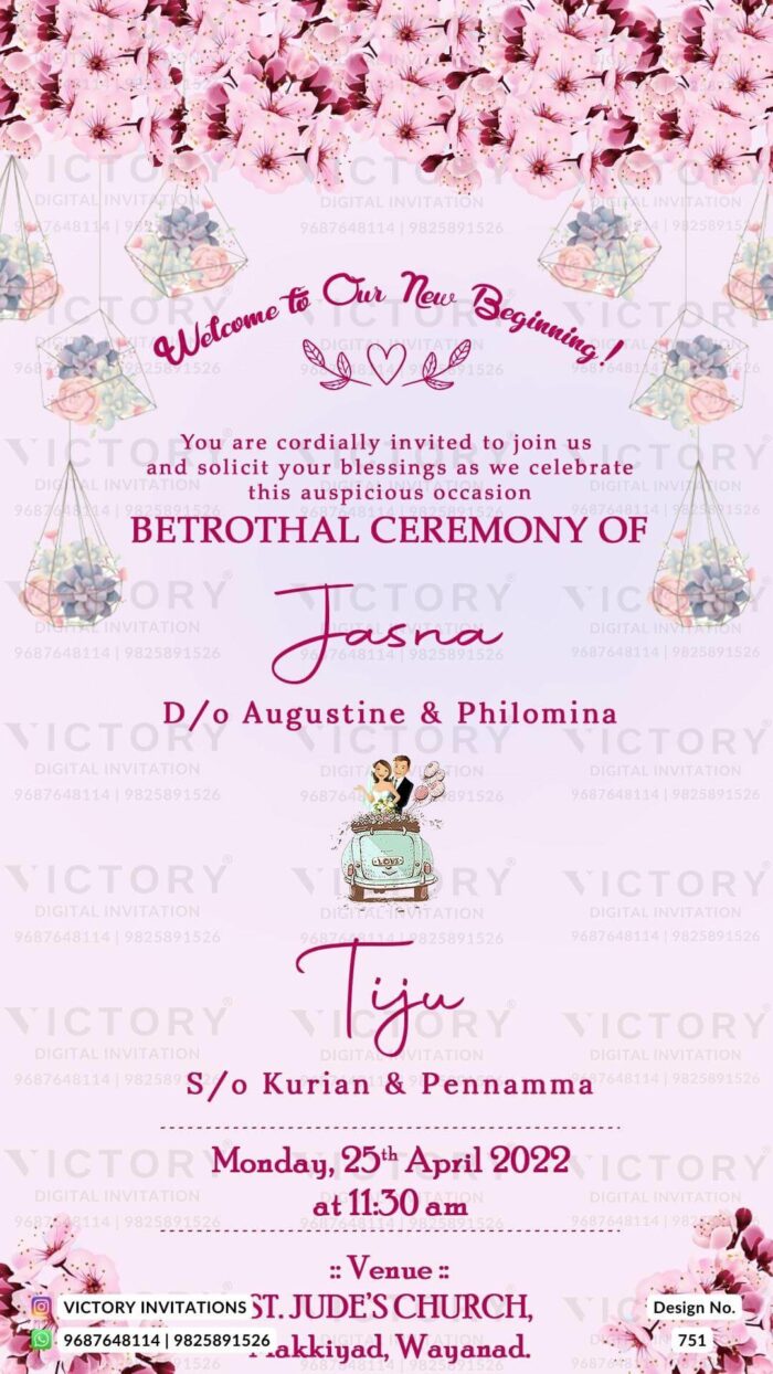 An Enchanting Betrothal Ceremony Invitation Adorned with Whispers of Lavender Mist, Graceful Doodle of the couple and Botanical Pink Bloosams, Design no.751