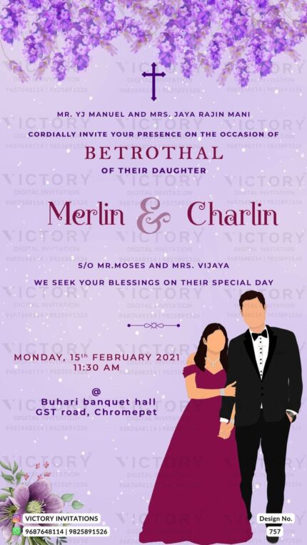 A magnetic Betrothal Ceremony Invitation Adorned with Whispers of Light Lavender hues, a divine Cross logo, a Graceful Doodle of the couple and Botanical Violet floral arrangements, Design no.757