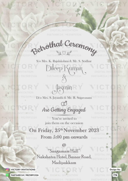 A Serenade of White Rock Betrothal Invitation Adorned with an Arch Frame, Glistening Engagement Ring, and Delicate Olive Haze Roses and luscious leaves, Design no.778