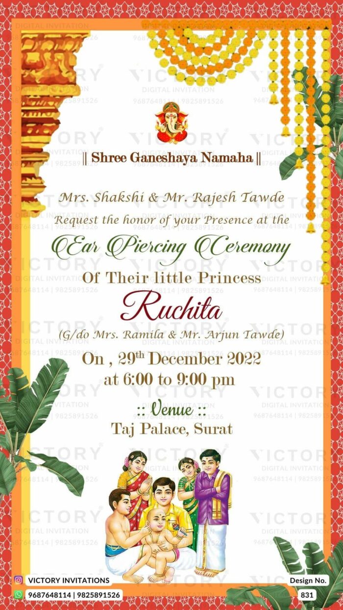 A Majestic virtual Ear Piercing Ceremony invite with Bleach White backdrop, Ganesha's logo, Enchanting Festive Doodles, Orangy frame, and Marigold Embellishments, Design no.831