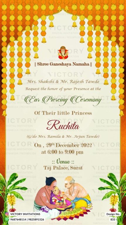 A Majestic virtual Ear Piercing Ceremony invite with Bleach White backdrop, Ganesha's logo, Enchanting Festive Doodles, Orangy Arch design, and Marigold Embellishments, Design no.833