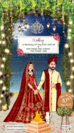 Lavish Vibrant and Pastel Shaded Vintage and Whimsical Indian Wedding E-invites with Couple Caricature and Location Illustrations, Design no. 840