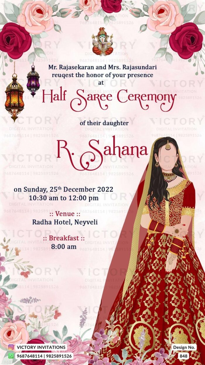 A magnificent Symphony of Misty Rose Splashes, an Exquisite Bridal Doodle, Ganesha's logo and Breathtaking roses Floral Enchantment in a digital Half Saree Invitation, Design no.848