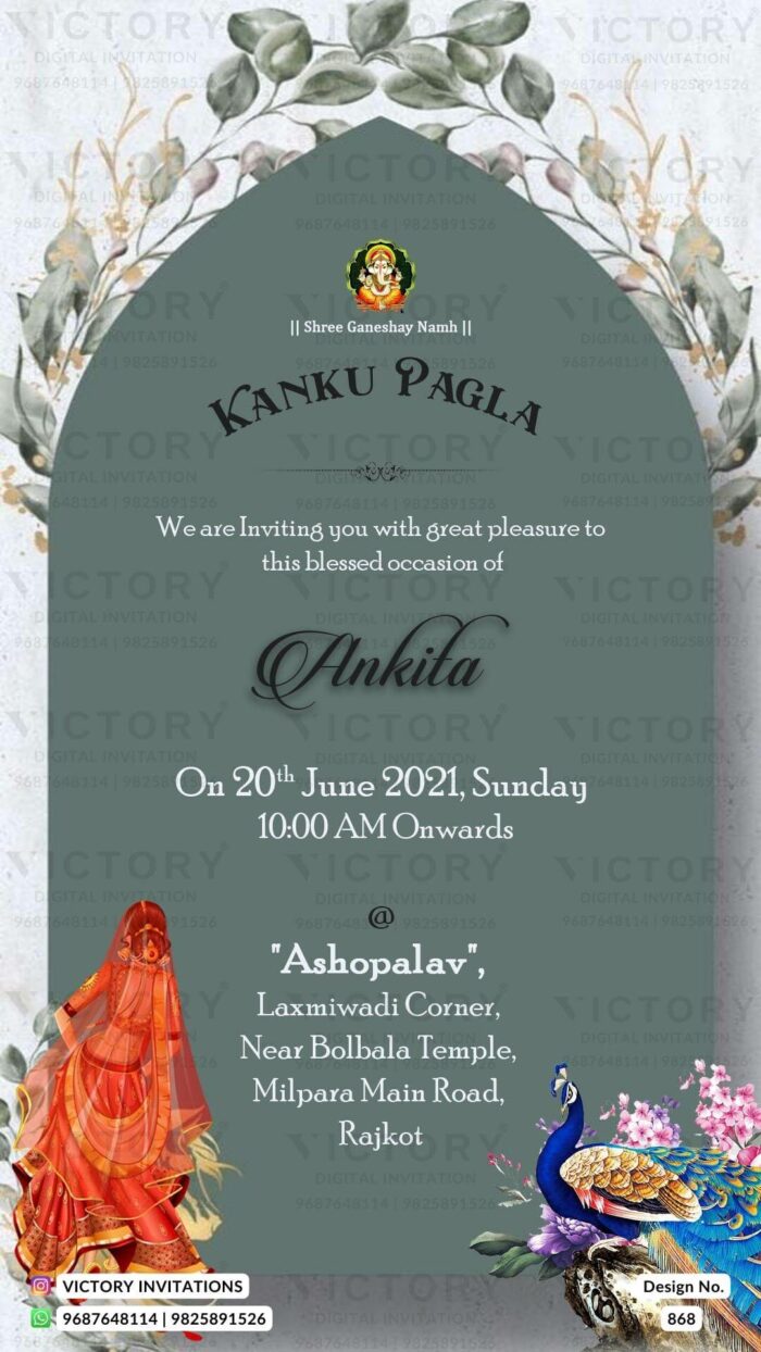 A glorious Kanku Pagala Invite with soft peach hues, Ganesha's Divine logo, the bride's doodle, a sunning Arch, and a Flourishing Tapestry of Enchanting lush leaves, Design no.868