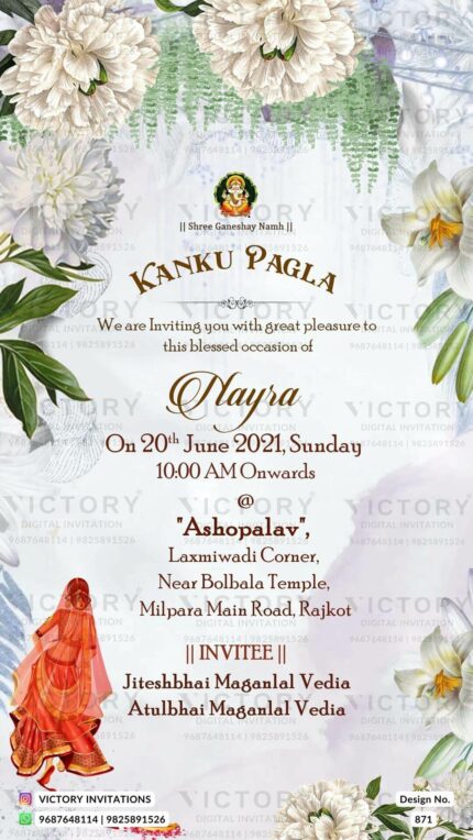 A glorious Kanku Pagala Invite with soft Lavender Pinocchio water splashes, Ganesha's Divine logo, the bride's doodle, and a Flourishing Tapestry of Enchanting white flowers and lush leaves, Design no.871