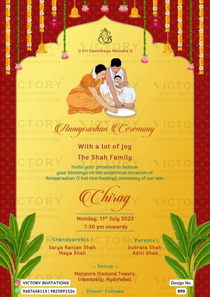 The Enchanting Annaprashan Ceremony Invitation is Adorned with a yellow backdrop, Festive Doodles, Golden Arch Design, and Marigold Embellishments, Design no.890