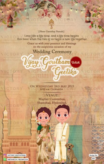 An Enchanting Wedding Invitation with a Light Brown Backdrop, Festive Couple's Doodle, Divine Ganesha logo, and Majestic Mahal Grandeur, Design no.897
