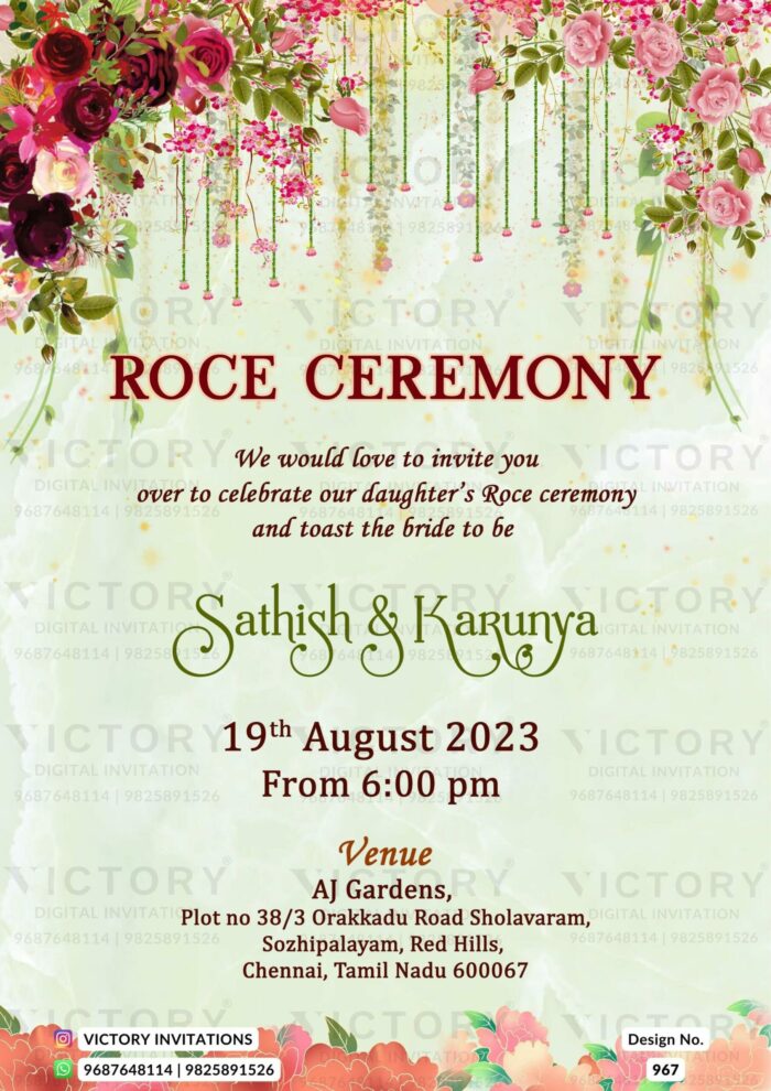 A Vintage Floral Roce Invite with a Green and White Backdrop, Adorned with Delightful Leaves Garlands and Vintage Pink and Red Roses, Design no.967