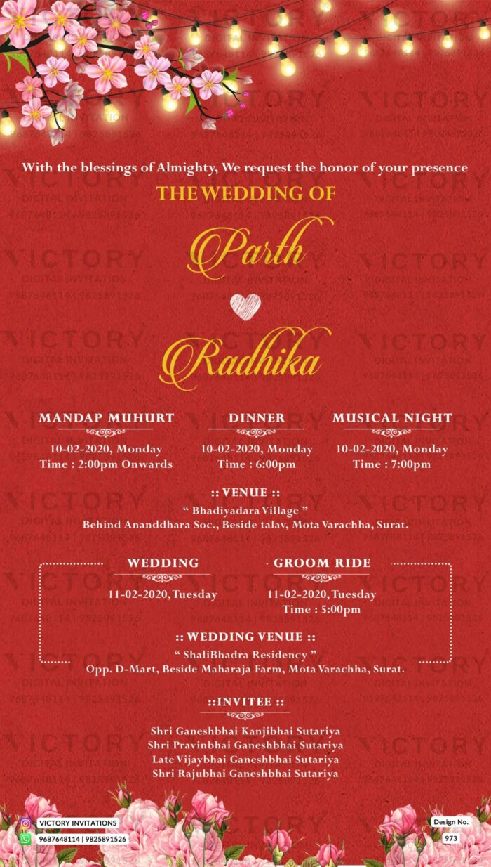Gujarat Wedding Invitation Card Design No. 973.