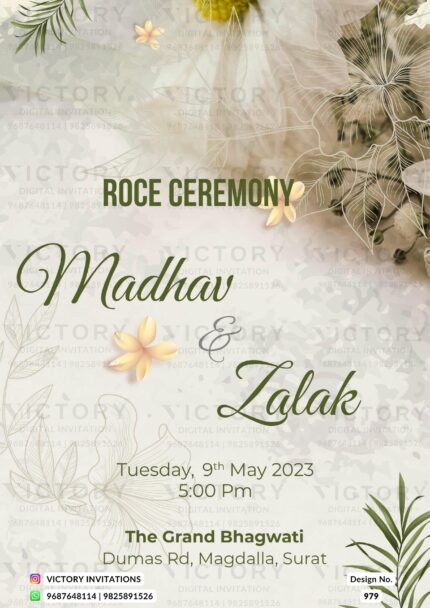 A glamorous Moon Mist Roce ceremony E- Invitation with intricate Leaf Patterns, and Lush Green Borders Blossoming with Vibrant Flowers, Design no.979