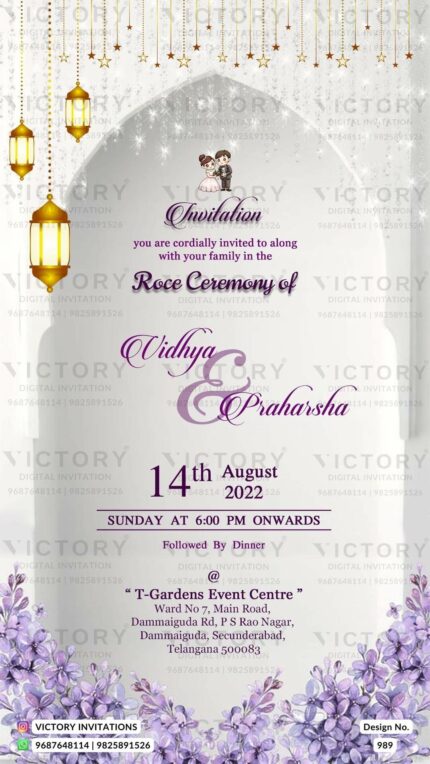 An enchanting Roce Invitation Unveiling the Pristine White Backdrop, Captivating Doodle the couple, Shimmering Arch Splendor, and Lavish Floral Elegance, Design no.989