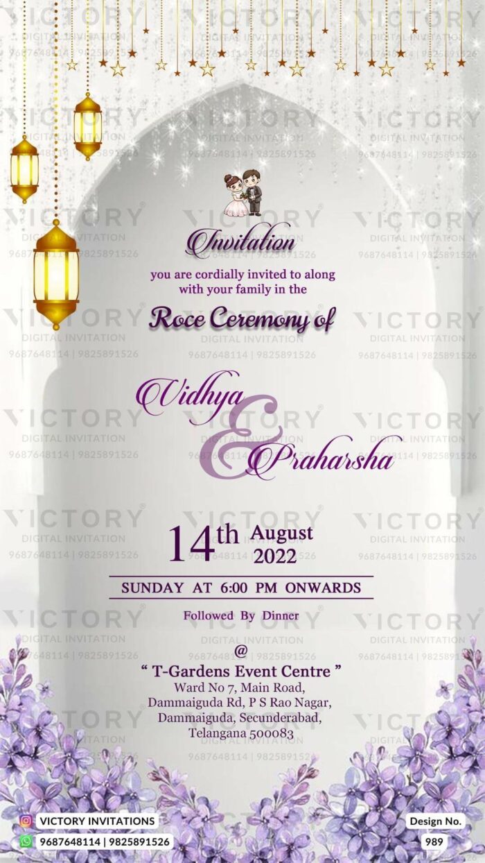 An enchanting Roce Invitation Unveiling the Pristine White Backdrop, Captivating Doodle the couple, Shimmering Arch Splendor, and Lavish Floral Elegance, Design no.989