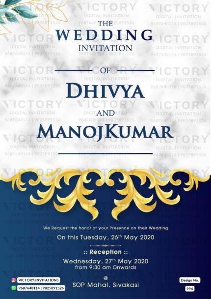 Wedding ceremony invitation card of hindu south indian tamil family in english language with minimalistic theme design 994