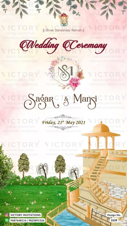 A Breathtaking e-Wedding invite in a Fusion of Vibrant Backdrops, Couple's Doodle, Ganesha's Logo, Regal Mahal Illustrations, and Lush Green Leaves with Roses, Design no.3159