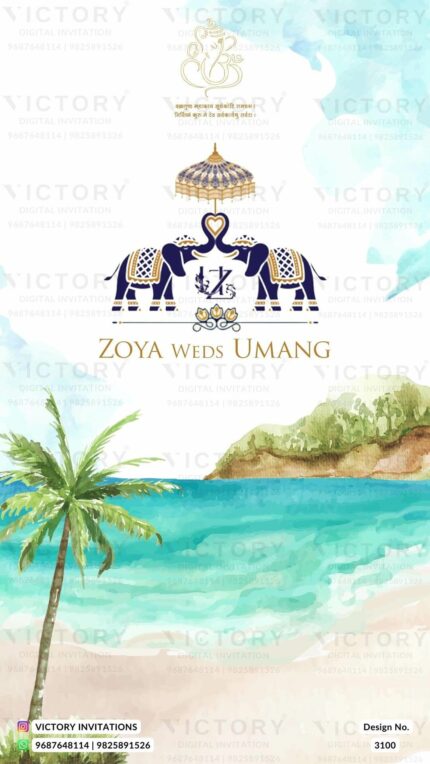 Water-colored Ivory and Green Tropical Beach Theme Indian Digital Wedding Invites with Wedding Doodle Illustrations, design no. 3100