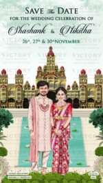 Adorable couple caricature invitation card for wedding ceremony of hindu south indian kannada family in english language with Temple design 2455