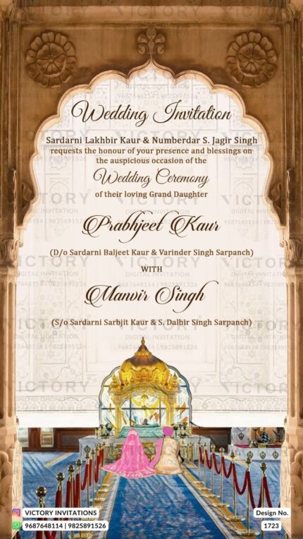 A regal Wedding Invitation Card Featuring a Soft Peach Backdrop, beautiful Couple Doodles, Gurudwara Palki Grandeur, and Rustic Arch Splendor, Design no.1723