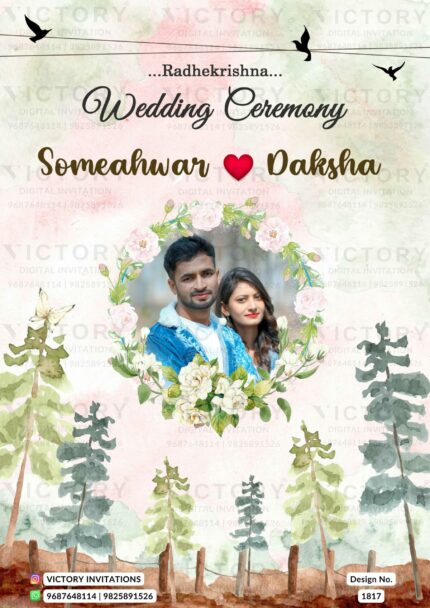 A captivating E-Wedding card with Baby Pink and green Splashes, Captivating Couple Portraits, and Enchanting Lush Green Watercolor Landscapes, Design no.1817
