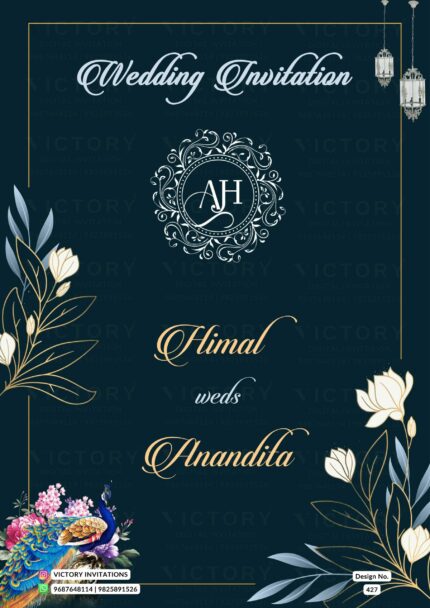 Dark Colored and Gold Shaded Floral Theme Digital Indian Wedding Invitations with Classic Indian Couple Doodle Illustrations, design no. 427