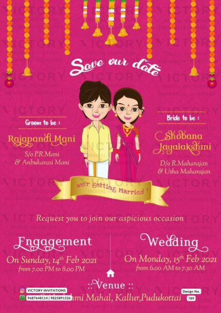 "Captivating Engagement & Wedding Invitation Card with Dark Carnation Pink Background, Marigold Garland, and Charming Doodles." Design No. 789