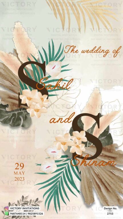 The Breathtaking Merino and Pearl Bush Splendor Wedding Invitation with the Couple's Initial Logo amidst a Lush Tapestry of Coconut and Palm Leaves, and Delicate Orangey Florals,