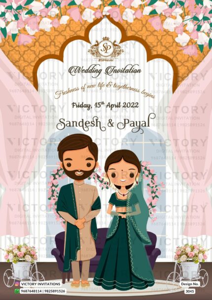Pastel Pink and Vibrant Shaded Whimsical Floral Theme Indian Electronic Wedding Invites with Wedding Doodle Illustrations, Design no. 3045