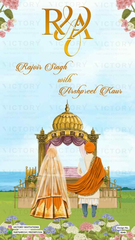 Pastel Shaded Traditional Whimsical Theme Indian Online Wedding Invitations with Sikh Wedding Illustrations, Design no. 3048