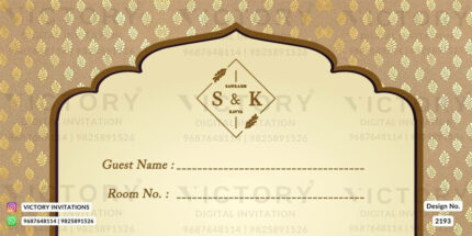 The Wedding Invitation Card is Embellished with a Light Brown Backdrop with a golden leaf pattern, Couple Doodle, Decorated Car vector, Radiant Couple Logo, and Majestic Coconut Tree, Design no. 2193