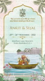 Pastel Pink and Green Tropical Vintage Theme Indian Wedding E-invites with No-face Haldi Couple and Mughal Miniature Illustrations, Design no. 3060