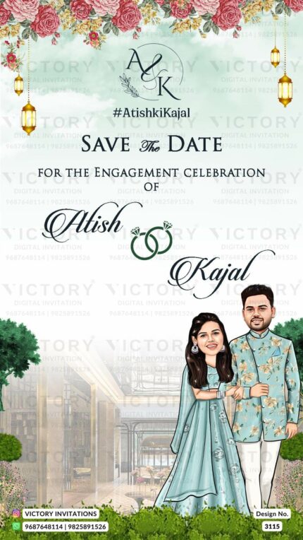 A dazzling digital Engagement invite with a Pale Leaf backdrop, an Elegant Caricature, Majestic Mahal Illustrations, and Blooming Pink Roses Amidst Lush Greenery, Design no.3115