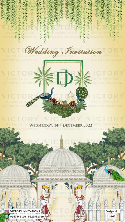 A Majestic Wedding Invite Infused with the vintage colour shades Backdrop, Ganesha's logo, Delicate Couple Doodles, Dome Illustration, and Opulent Florals and Lush Leaves Delights, Design no.3147