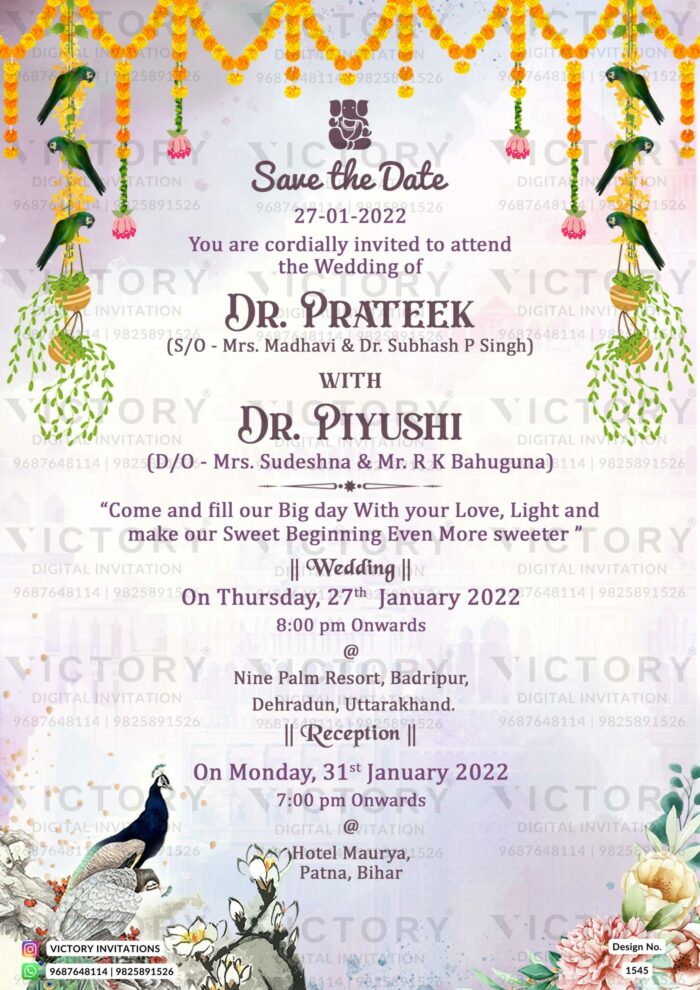 "Vintage Peacock and Parrot with Floral Motifs: Whimsical-themed Digital Wedding Invitation Card for a Tamil-Hindu Wedding Ceremony" Design no. 1545"Vintage Peacock and Parrot with Floral Motifs: Whimsical-themed Digital Wedding Invitation Card for a Tamil-Hindu Wedding Ceremony" Design no. 1545"Vintage Peacock and Parrot with Floral Motifs: Whimsical-themed Digital Wedding Invitation Card for a Tamil-Hindu Wedding Ceremony" Design no. 1545d Digital Wedding Invitation Card for a Tamil-Hindu Wedding Ceremony" Design no. 1545