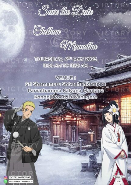 A Captivating Save the Date Journey with Moon vector Enchantment and stunning Anime Amidst the Japanese traditional house Serenity, Design no.1582