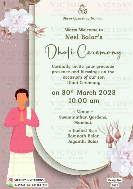 A Dhoti Ceremony Card with Pinkish Grey Backdrop, Boy Doodle, Soft Peach Flowers, Brown Leaves, and a Sophisticated Brown Frame, Design no. 1612