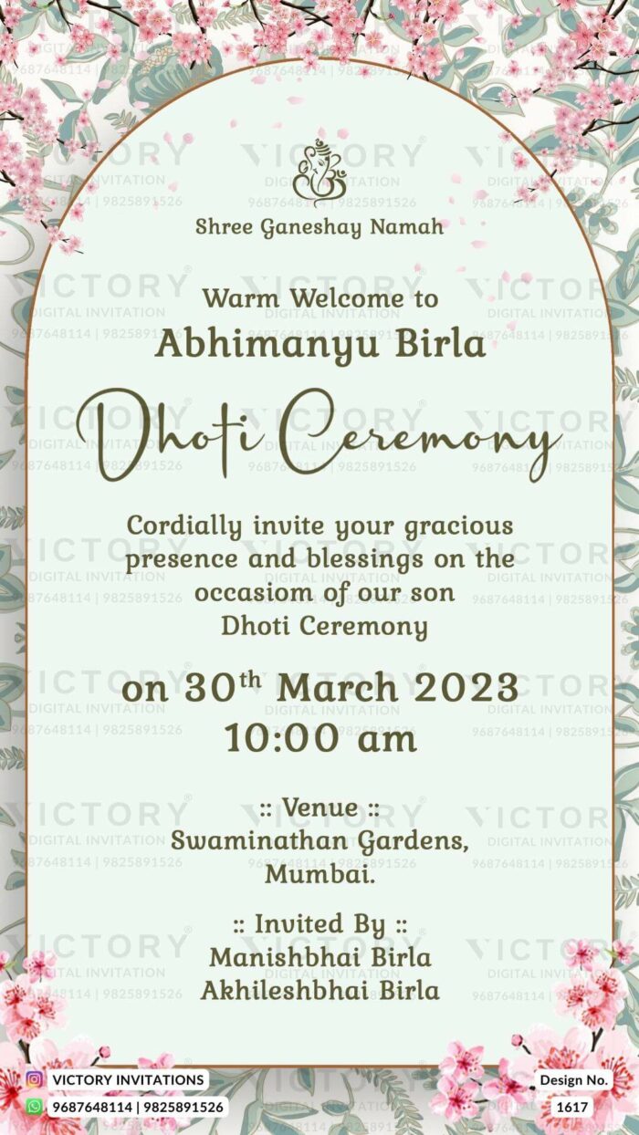 A Breathtaking Dhoti Ceremony Invitation Amidst a Green Cyan Splendor backdrop, Adorned with Blushing Rose Blooms, Delicate Greenish Cyan Leaves, and a Graceful Brown Frame, Design no. 1617